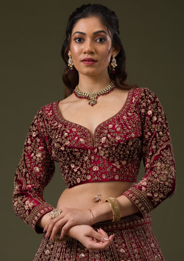 Maroon Zariwork Velvet Readymade Lehenga - Image 3