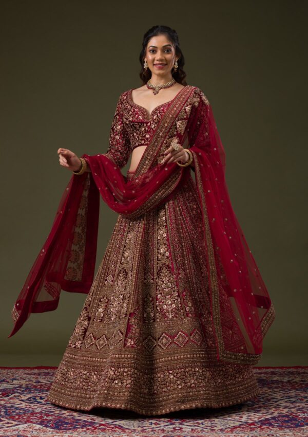 Maroon Zariwork Velvet Readymade Lehenga