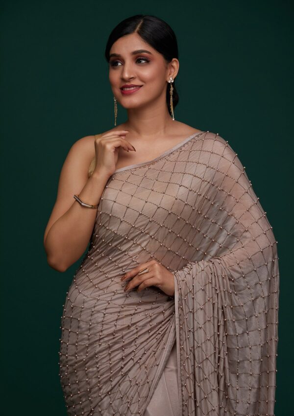 Mauve Work Semi Crepe Designer Saree - Image 3