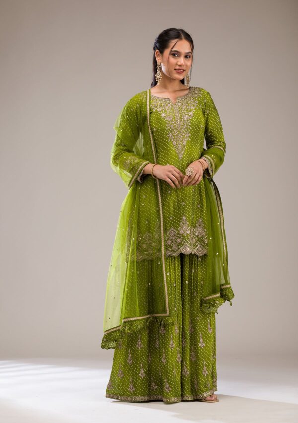 Mehendi Zariwork Semi Crepe Readymade Salwar Suit