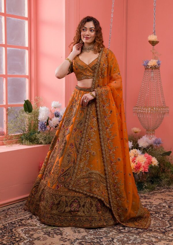 Mustard Zardosi Raw Silk Semi Stitched Lehenga - Image 2