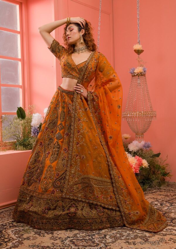 Mustard Zardosi Raw Silk Semi Stitched Lehenga - Image 3