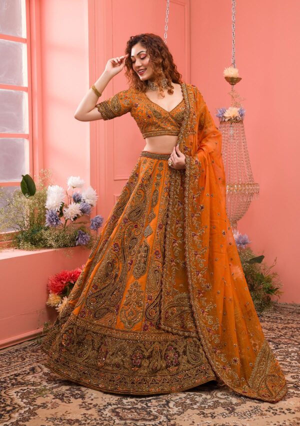 Mustard Zardosi Raw Silk Semi Stitched Lehenga