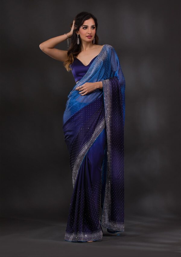 Ombre Navy Blue Stonework Satin Designer Saree - Image 4