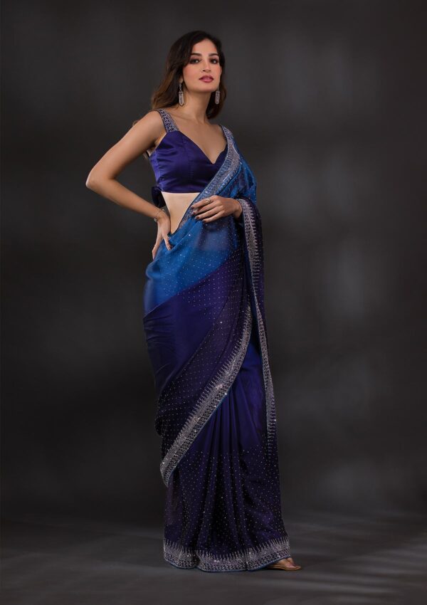 Ombre Navy Blue Stonework Satin Designer Saree - Image 3