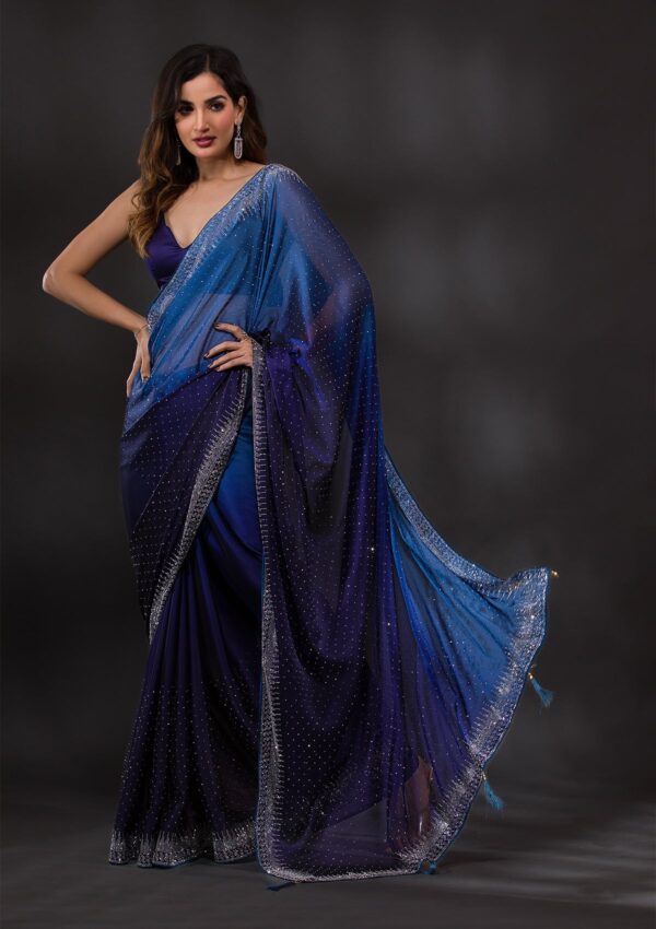 Ombre Navy Blue Stonework Satin Designer Saree