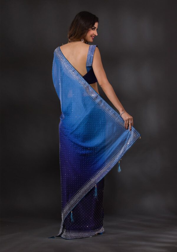 Ombre Navy Blue Stonework Satin Designer Saree - Image 2