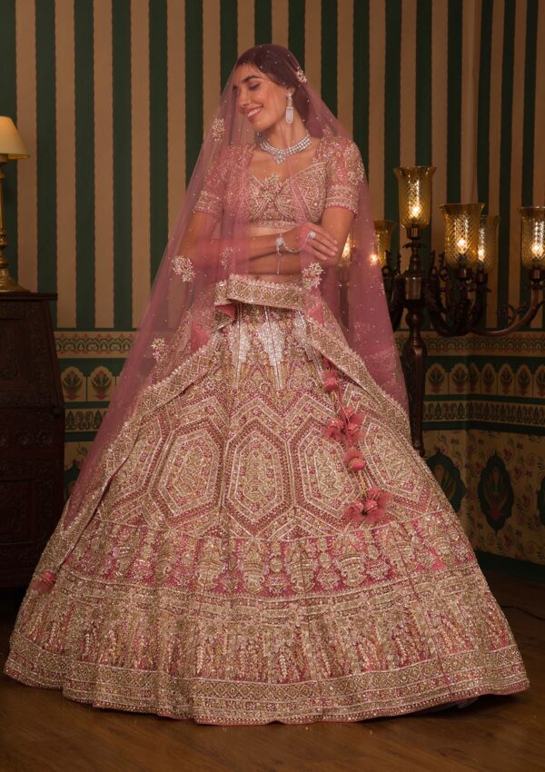 Onion Pink Stonework Net Readymade Lehenga - Image 4