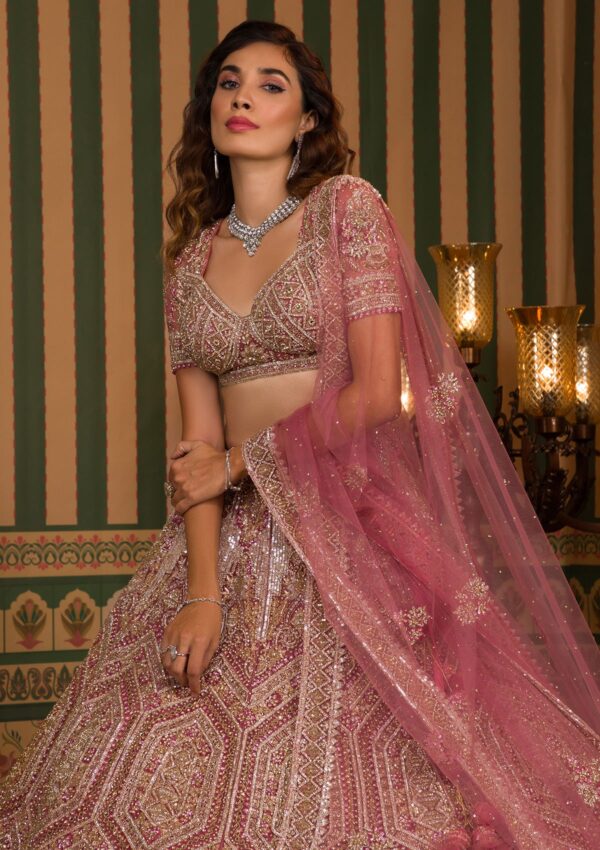 Onion Pink Stonework Net Readymade Lehenga - Image 3