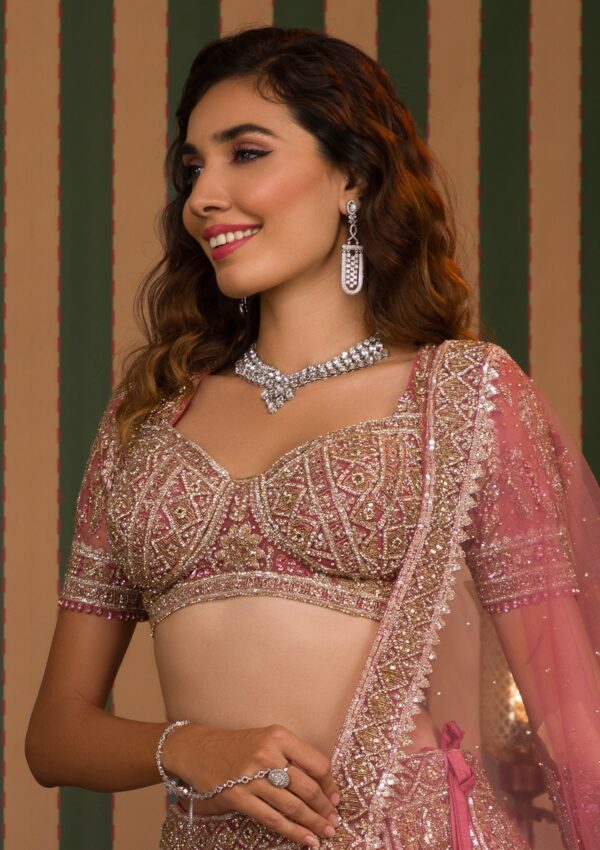Onion Pink Stonework Net Readymade Lehenga - Image 2
