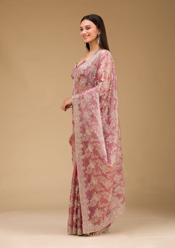 Onion Pink Zariwork Tissue Saree - Image 4