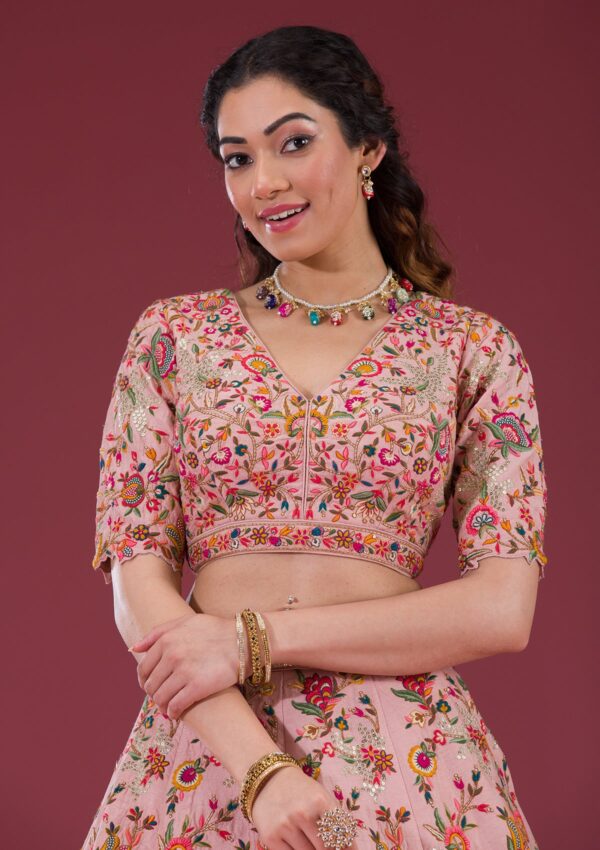 Peach Sequins Raw Silk Readymade Lehenga - Image 2