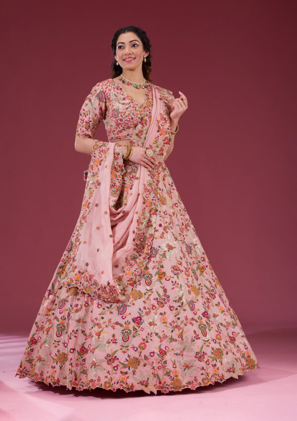 Peach Sequins Raw Silk Readymade Lehenga