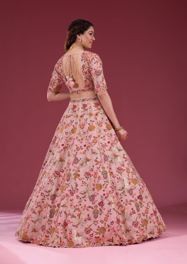 Peach Sequins Raw Silk Readymade Lehenga - Image 3