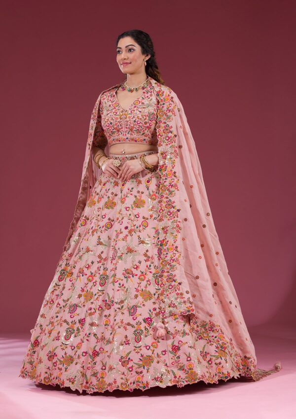 Peach Sequins Raw Silk Readymade Lehenga - Image 4