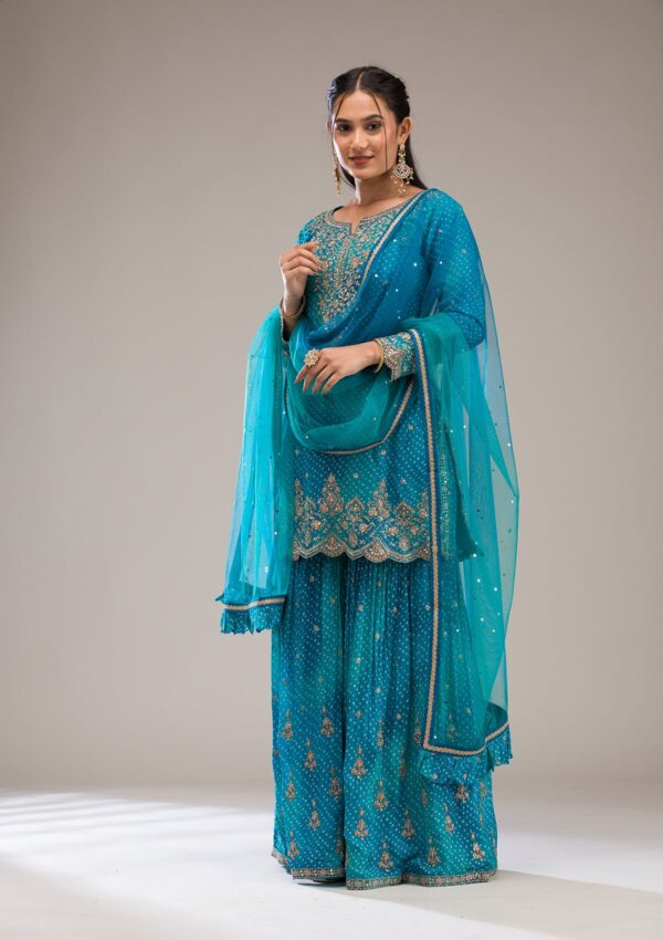 Peacock Blue Zariwork Semi Crepe Readymade Salwar Suit