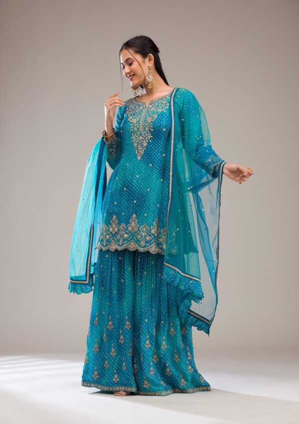 Peacock Blue Zariwork Semi Crepe Readymade Salwar Suit - Image 3
