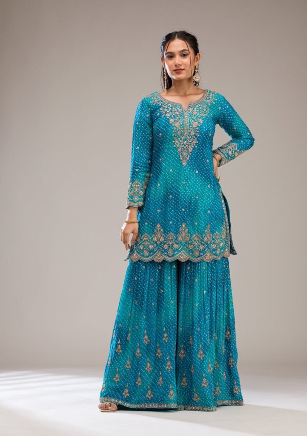 Peacock Blue Zariwork Semi Crepe Readymade Salwar Suit - Image 2