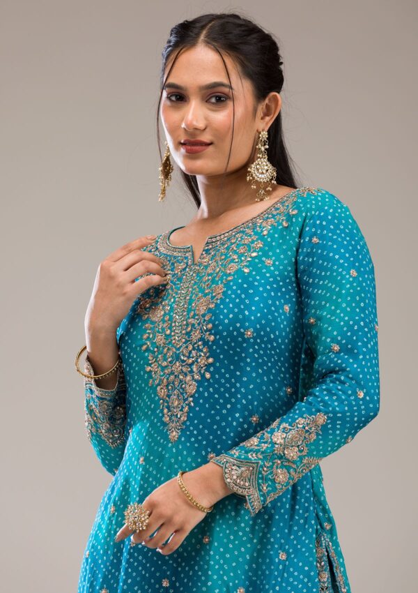 Peacock Blue Zariwork Semi Crepe Readymade Salwar Suit - Image 4
