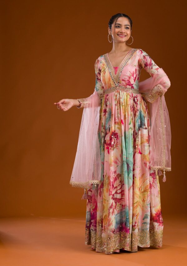 Pink Stonework Semi Crepe Readymade Salwar Suit