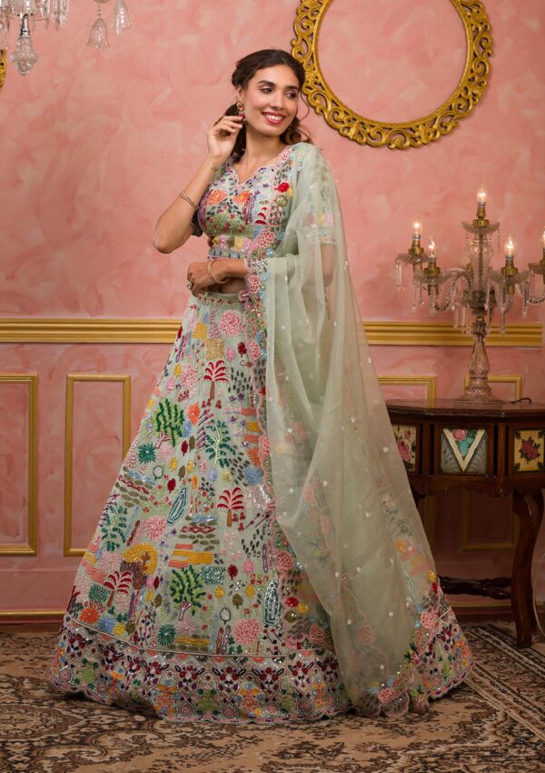Pista Green Threadwork Raw Silk Readymade Lehenga