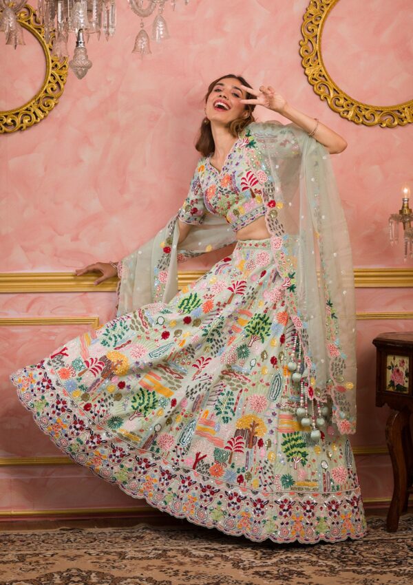 Pista Green Threadwork Raw Silk Readymade Lehenga - Image 3