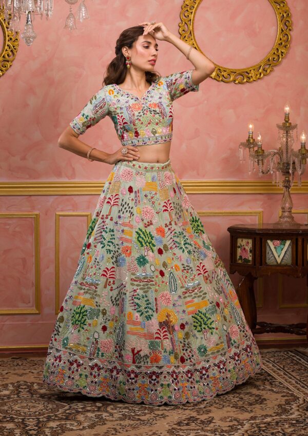 Pista Green Threadwork Raw Silk Readymade Lehenga - Image 4