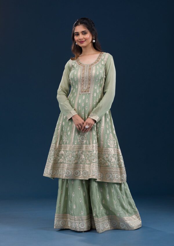 Pista Green Zariwork Semi Crepe Readymade Salwar Suit - Image 3