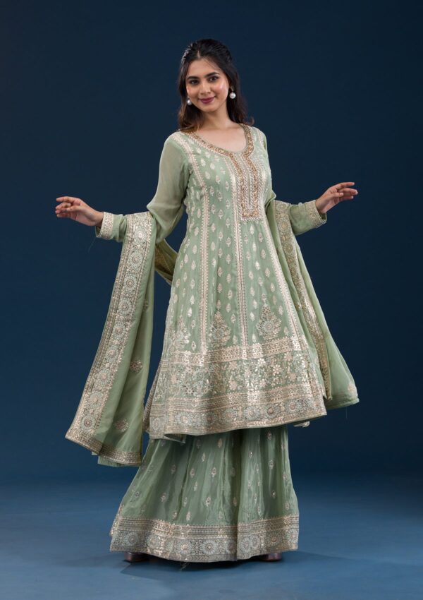 Pista Green Zariwork Semi Crepe Readymade Salwar Suit
