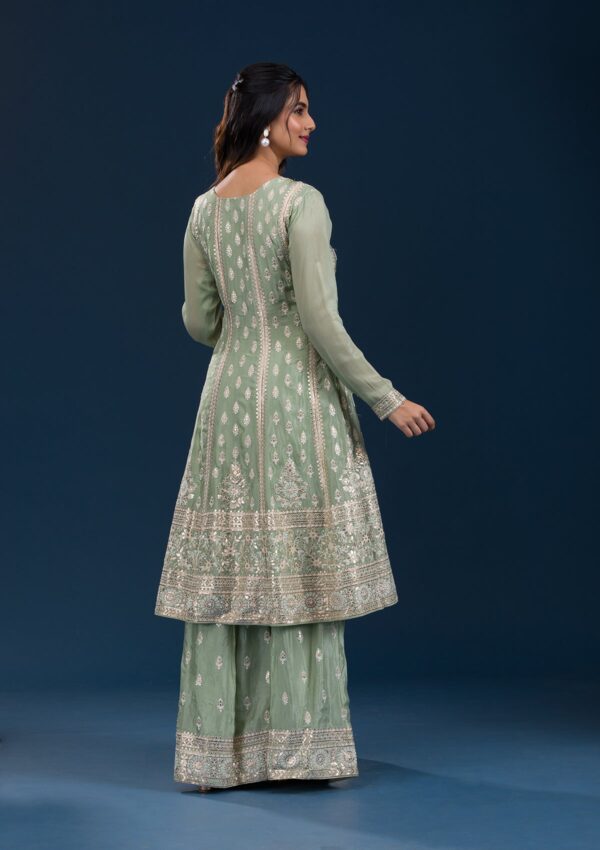 Pista Green Zariwork Semi Crepe Readymade Salwar Suit - Image 2