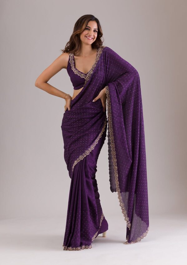 Purple Stonework Semi Crepe Saree - Image 3