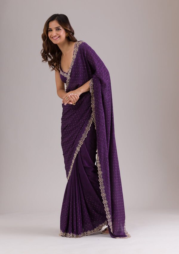 Purple Stonework Semi Crepe Saree - Image 2