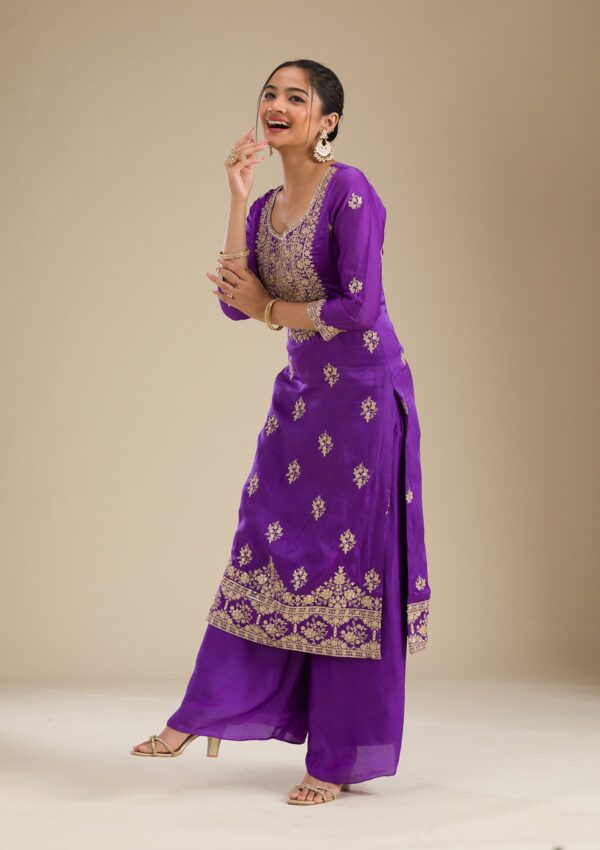 Purple Zariwork Semi Crepe Readymade Salwar Suit - Image 3