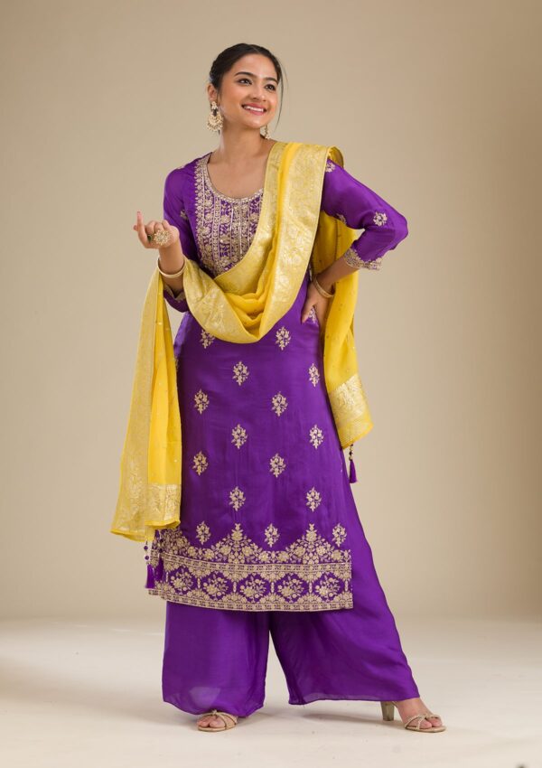 Purple Zariwork Semi Crepe Readymade Salwar Suit