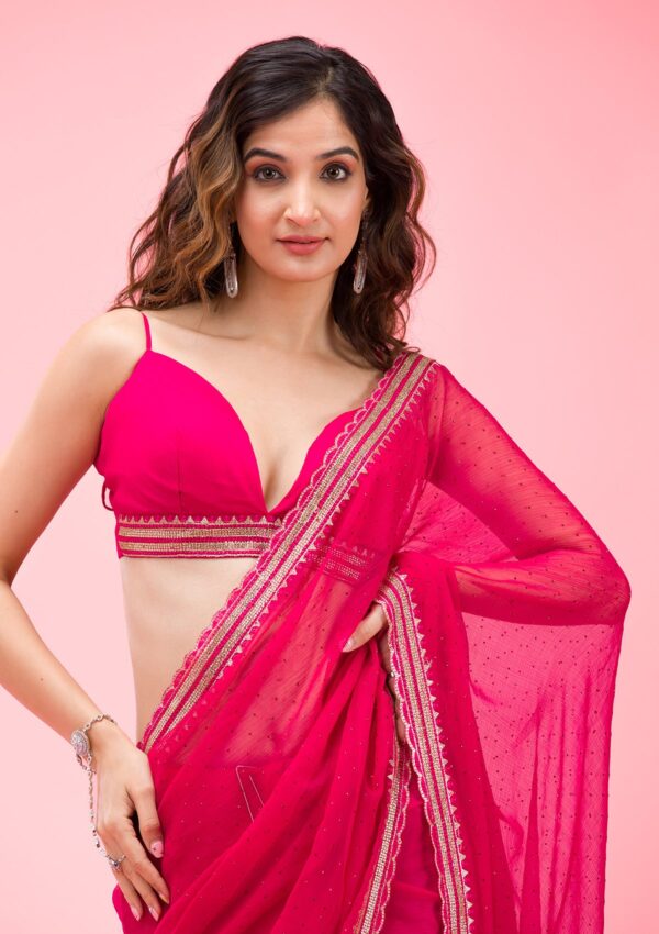 Rani Pink Threadwork Chiffon Saree - Image 2