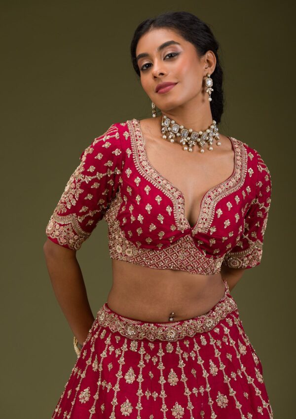 Rani Pink Zardosi Raw Silk Readymade Lehenga - Image 2