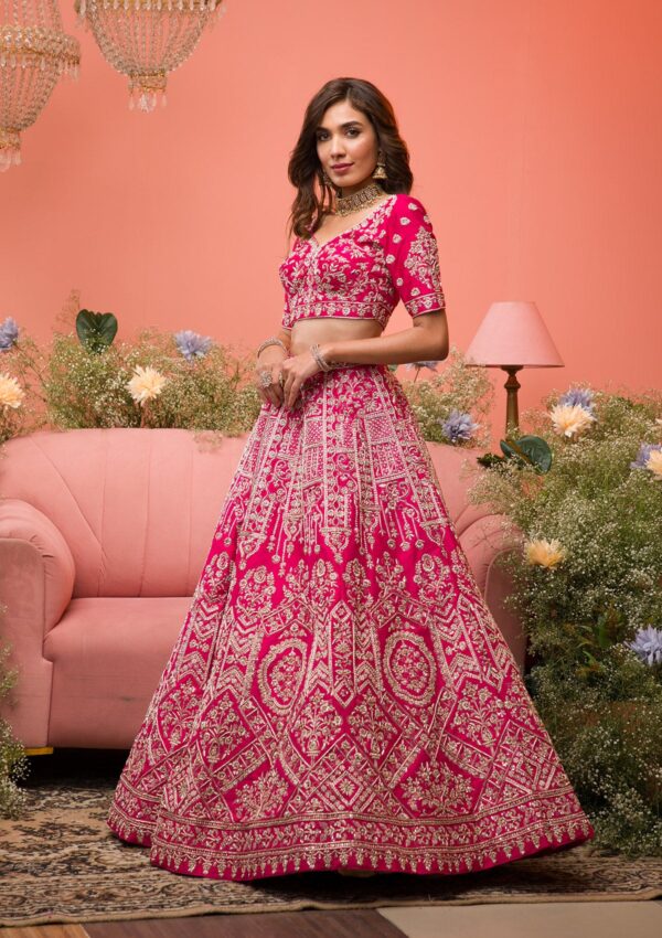 Rani Pink Zardosi Raw Silk Semi Stitched Lehenga - Image 3