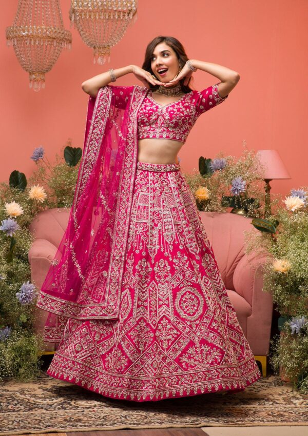 Rani Pink Zardosi Raw Silk Semi Stitched Lehenga - Image 4