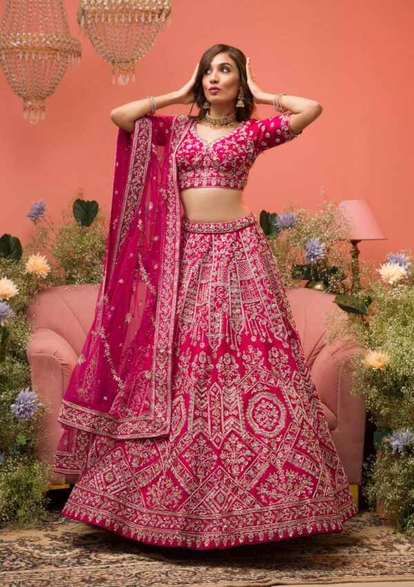 Rani Pink Zardosi Raw Silk Semi Stitched Lehenga