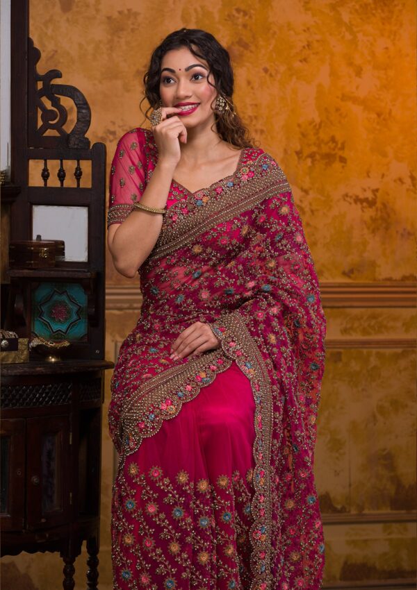 Rani Pink Zariwork Net Saree - Image 2