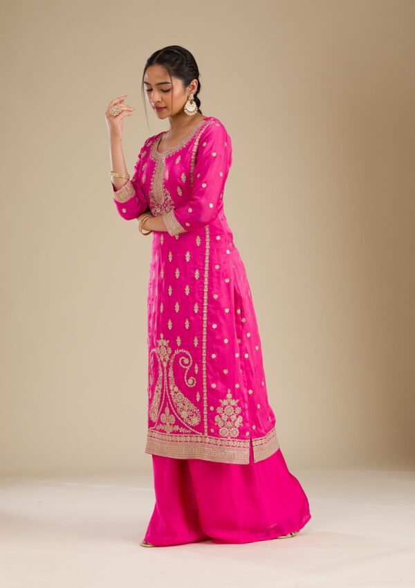 Rani Pink Zariwork Semi Crepe Readymade Salwar Suit - Image 3