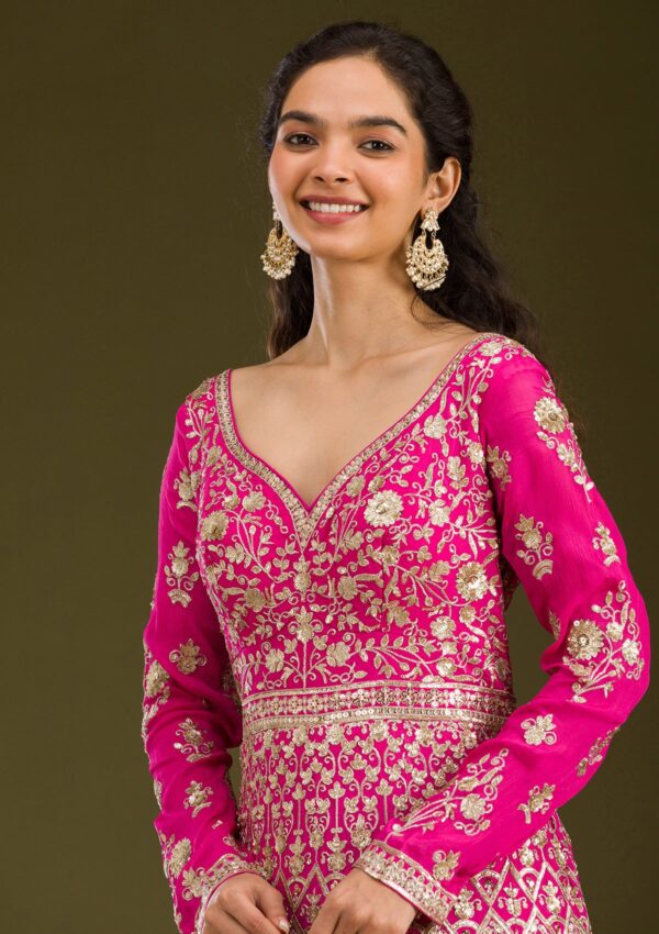 Rani Pink Zariwork Semi Crepe Readymade Salwar Suit - Image 3