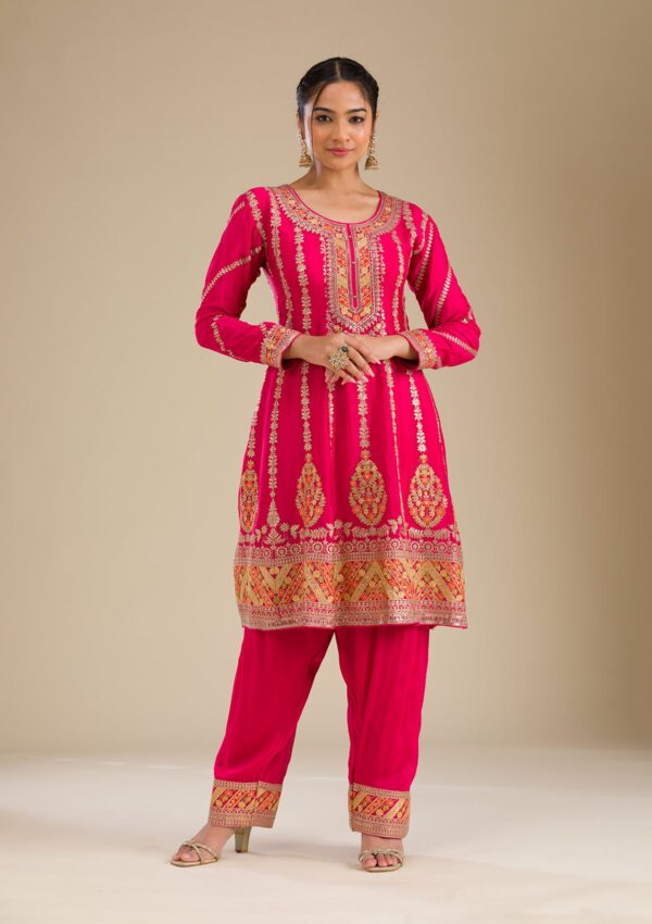 Rani Pink Zariwork Tissue Readymade Salwar Suit - Image 3