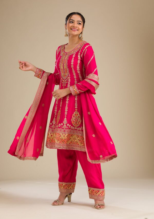 Rani Pink Zariwork Tissue Readymade Salwar Suit - Image 4