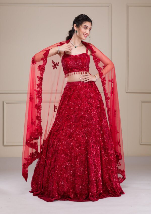 Red Cutdana Net Readymade Lehenga