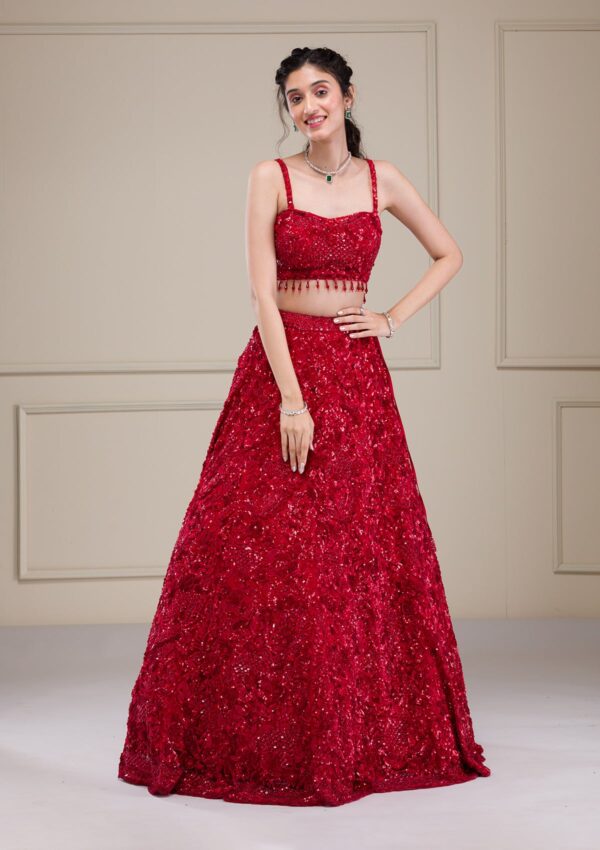 Red Cutdana Net Readymade Lehenga - Image 4