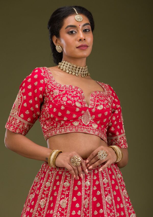 Red Zardosi Raw Silk Readymade Lehenga - Image 2