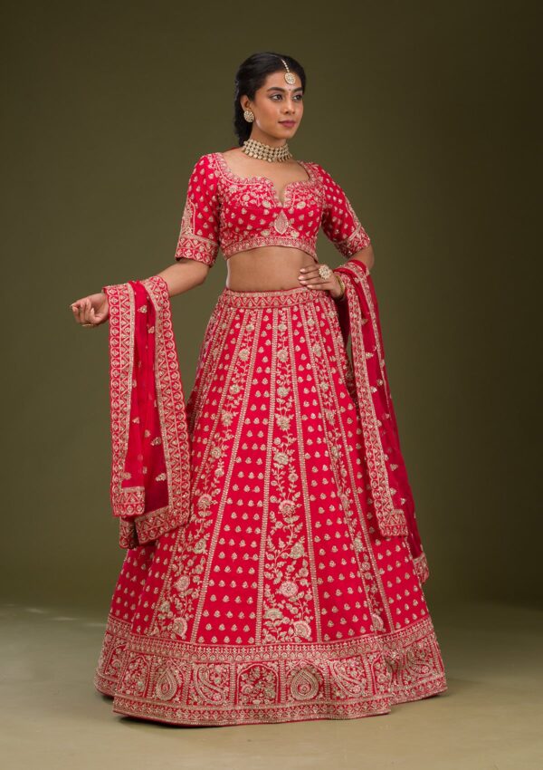 Red Zardosi Raw Silk Readymade Lehenga - Image 4