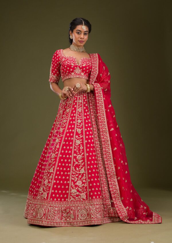 Red Zardosi Raw Silk Readymade Lehenga