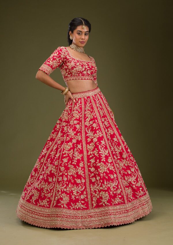 Red Zariwork Raw Silk Readymade Lehenga - Image 4
